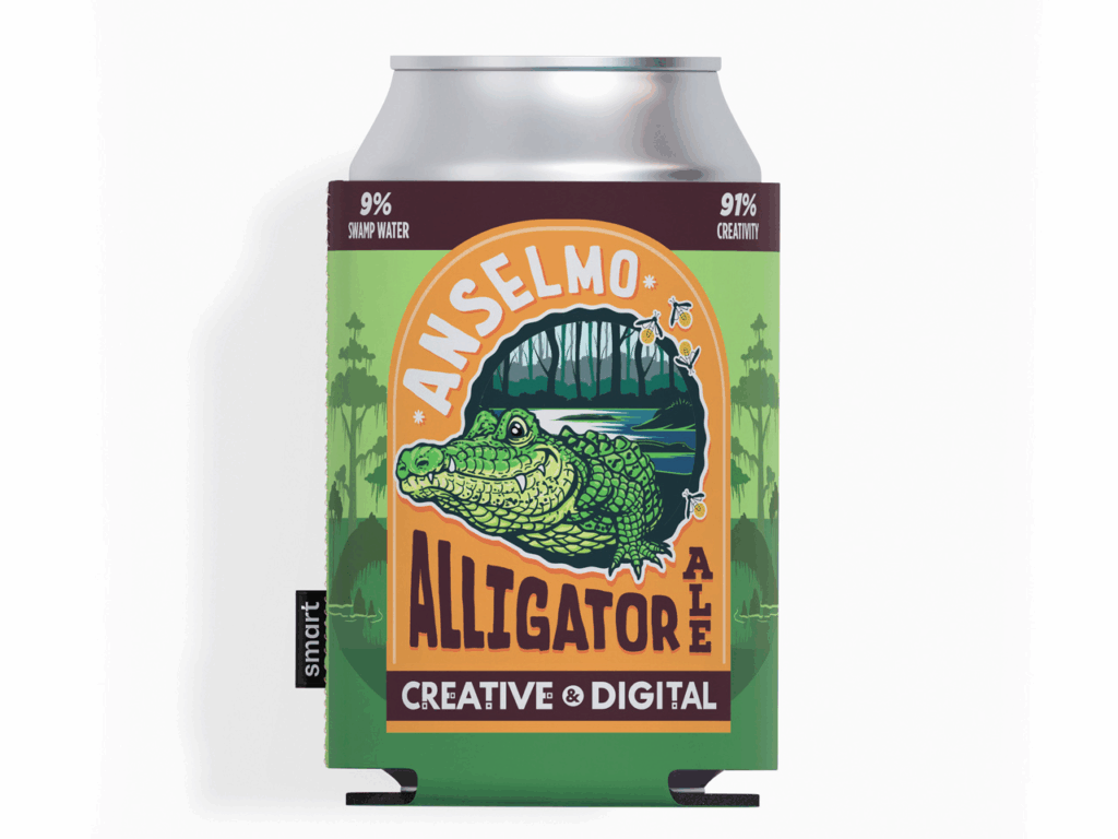 A can with a green koozie labeled 