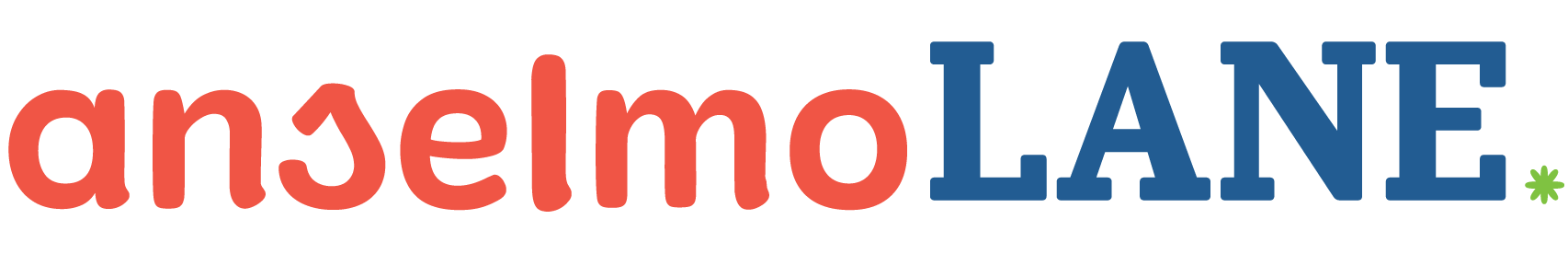 The brand name "anselmoLANE" appears in red and blue, with a playful green frog peeking out from inside the letter "E.