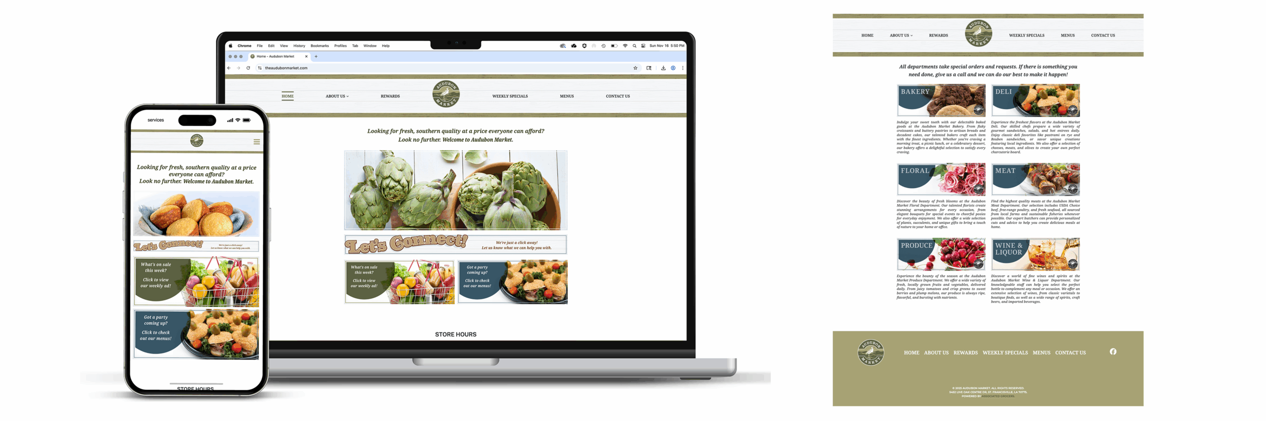 A food website for Audubon Market shown on phone, laptop, and full-page preview, featuring vegetable dishes and strong branding elements.