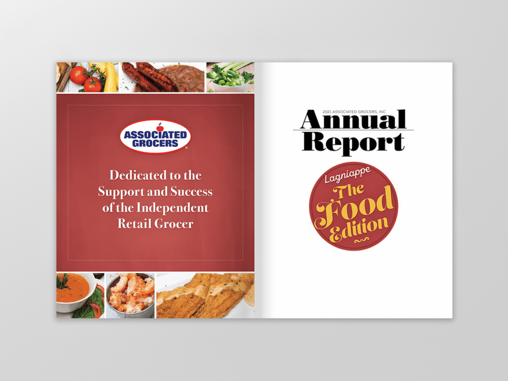 Report cover spread featuring food photos, the Associated Grocers logo, and text promoting design services for grocers.