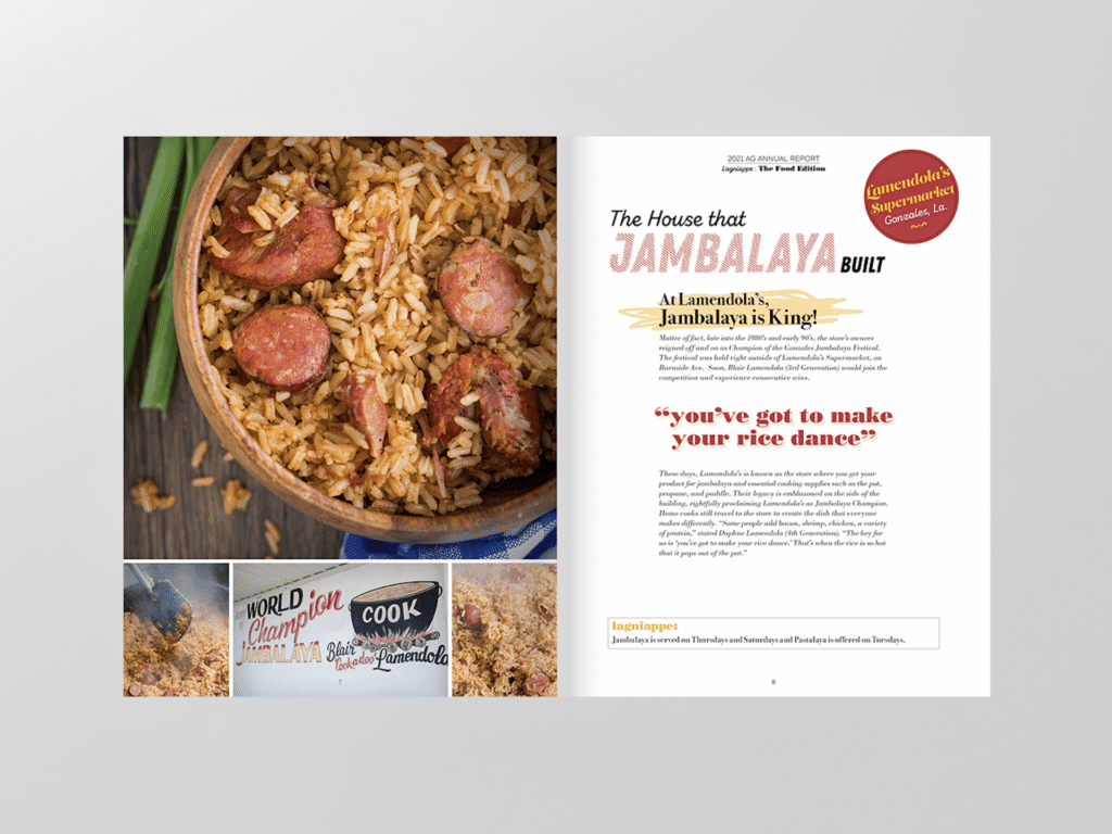 A magazine spread displays a pot of jambalaya with sausage and highlights Design Services for cook-off banners and signage.