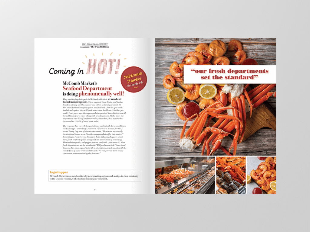 Two-page spread highlighting our Design Services with lively photos of crab legs, shrimp dishes, and creative seafood-themed text.