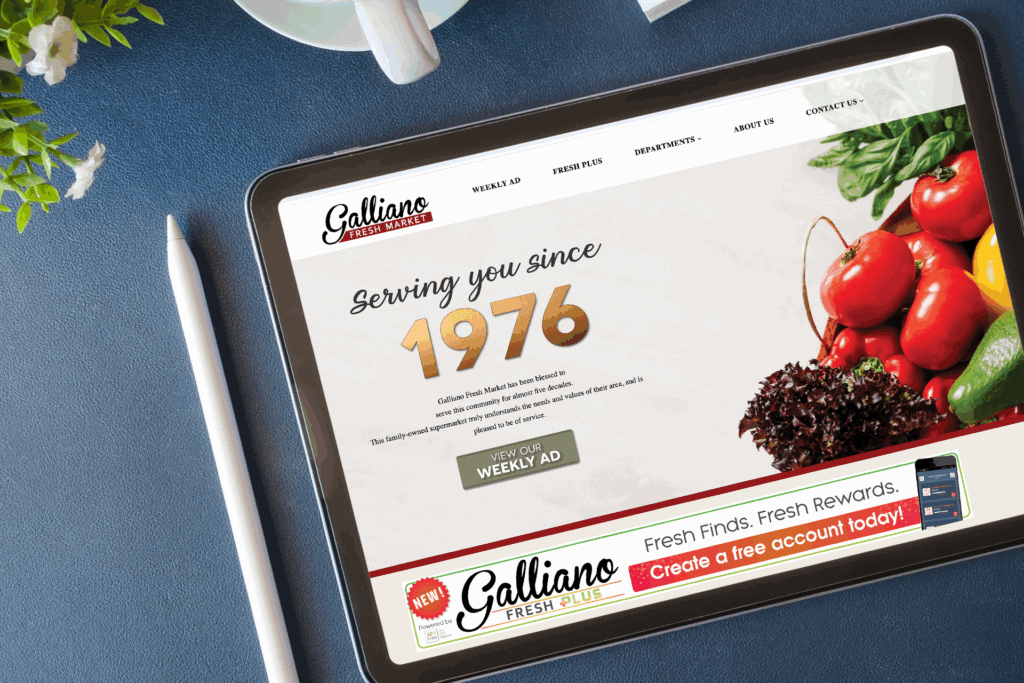 Tablet displaying the Galliano Fresh Market website, with 