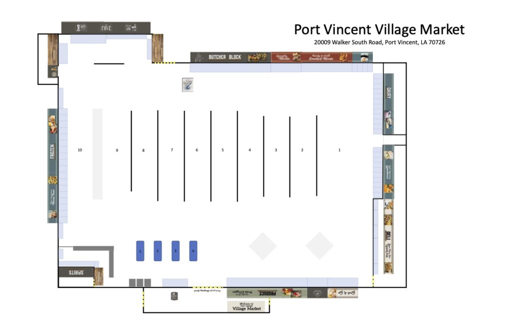 Floor plan of Port Vincent Village Market showing numbered aisles, sections for deli, bakery, meat, produce, dairy, and checkout area.