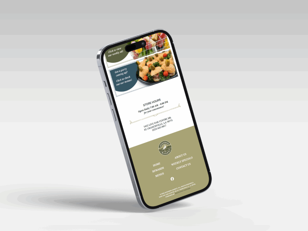 A smartphone displaying a catering website with food images, contact info, store hours, and navigation links on the screen.