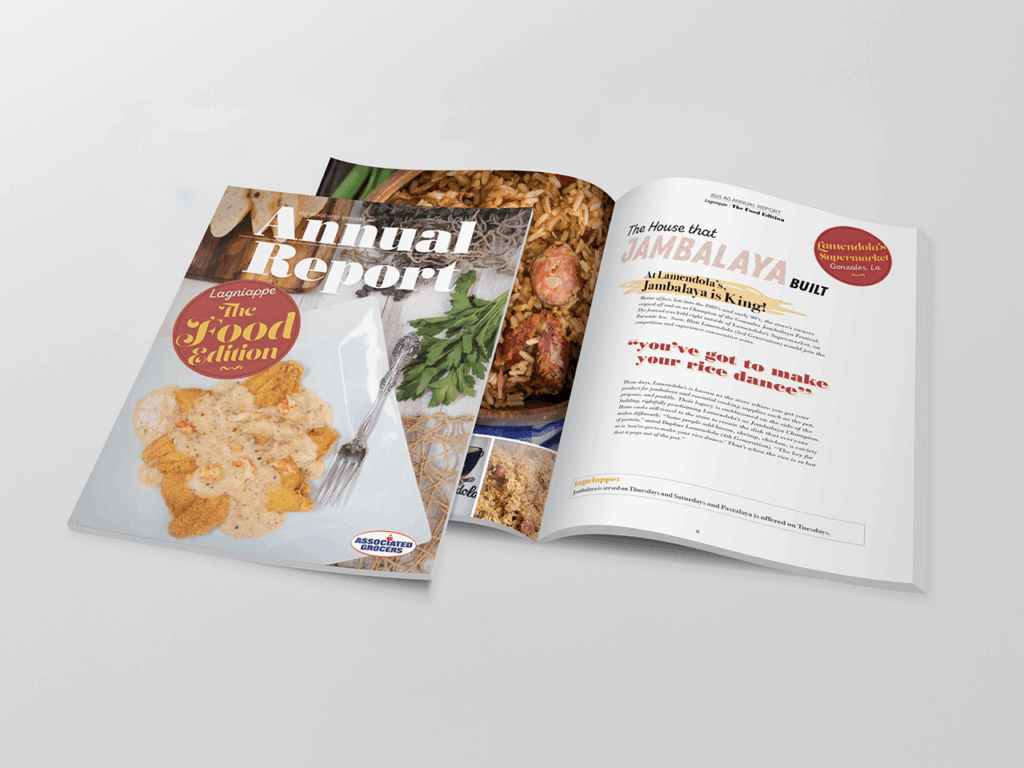 An open annual report magazine featuring food images and text, with the cover titled “The Food Edition” and jambalaya featured inside.