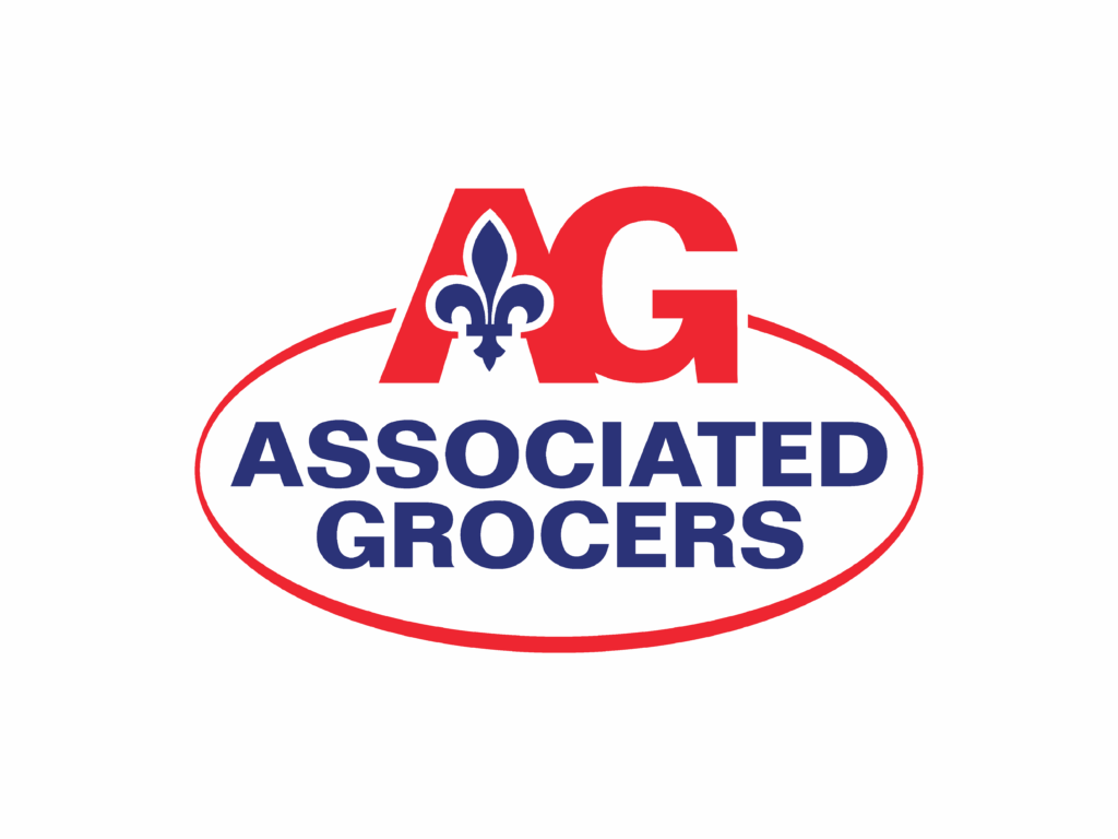 Associated Grocers logo with red "AG," a blue fleur-de-lis, and "Associated Grocers" in blue inside a red oval outline on a white background.