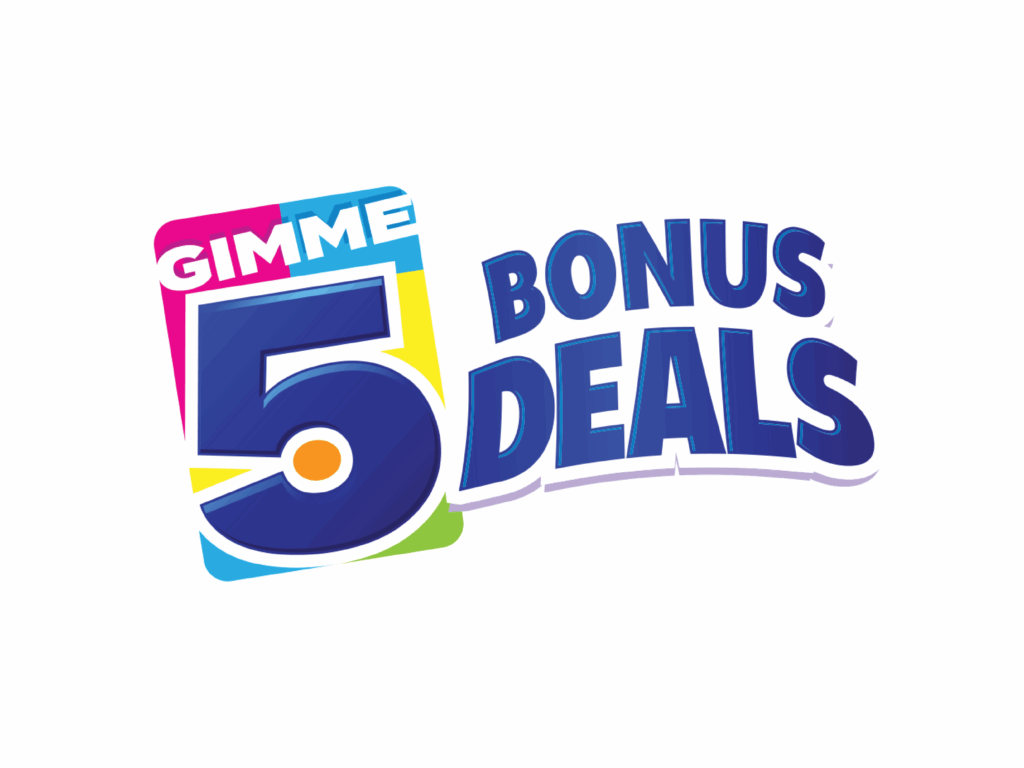Logo with large number 5, the words "GIMME" above, and "BONUS DEALS" in bold blue letters to the right, on a white background.