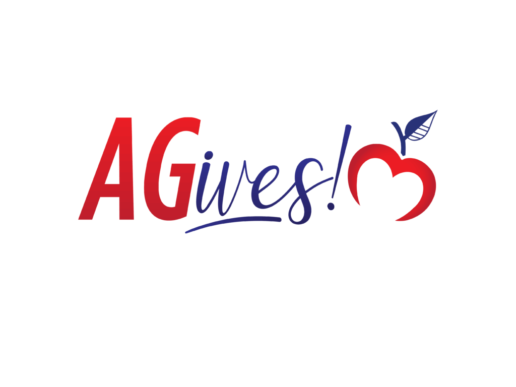 AGives! logo with "AG" in red, "ives!" in blue, and a red apple shape with a blue leaf forming the letter "G".