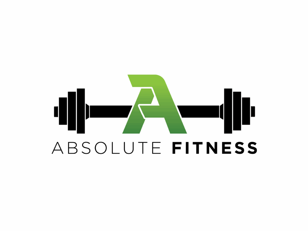Green "A" and "F" letters overlap in front of a black barbell. The words "Absolute Fitness" are below the barbell.