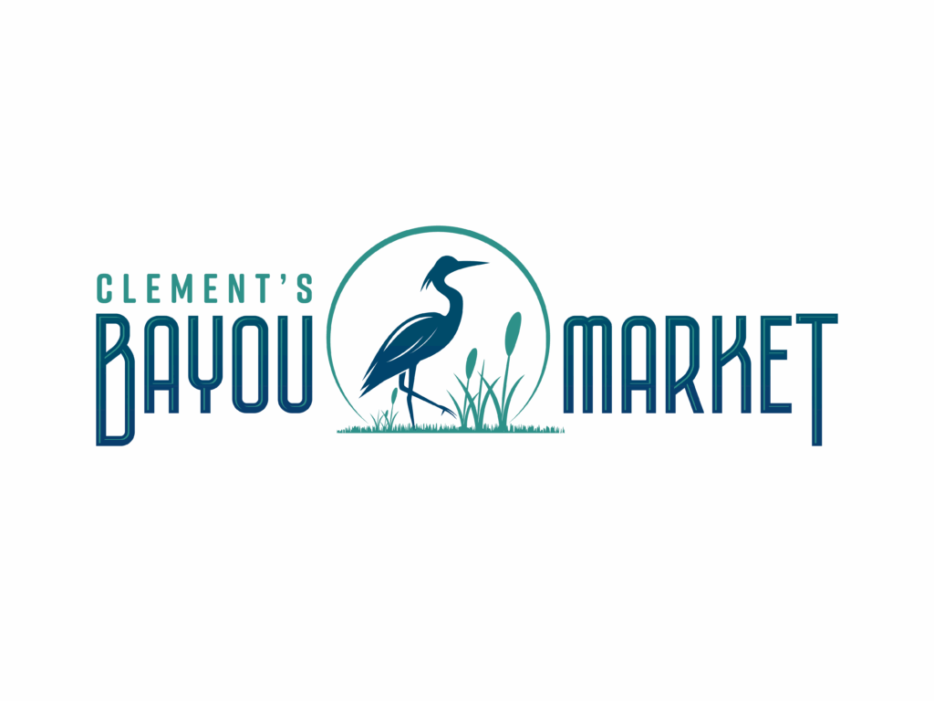 Logo for "Clement’s Bayou Market" with a heron, grass, and a cattail inside a circular outline between the words.