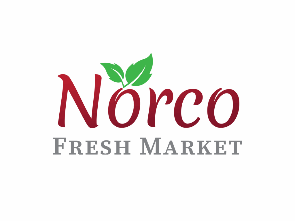 Logo with the words "Norco Fresh Market"; "Norco" in red with two green leaves above the "o" and "Fresh Market" in gray below.