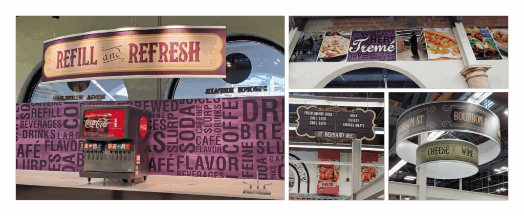 Collage of food court signs, including a soda fountain, directional arrow signs, and decorative banners with various food options.