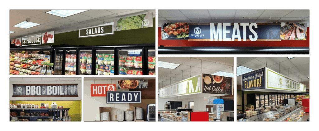 Collage of supermarket sections with Retail Decor signs for produce, salads, meats, BBQ & boil, hot & ready, deli, and flavor specialties.