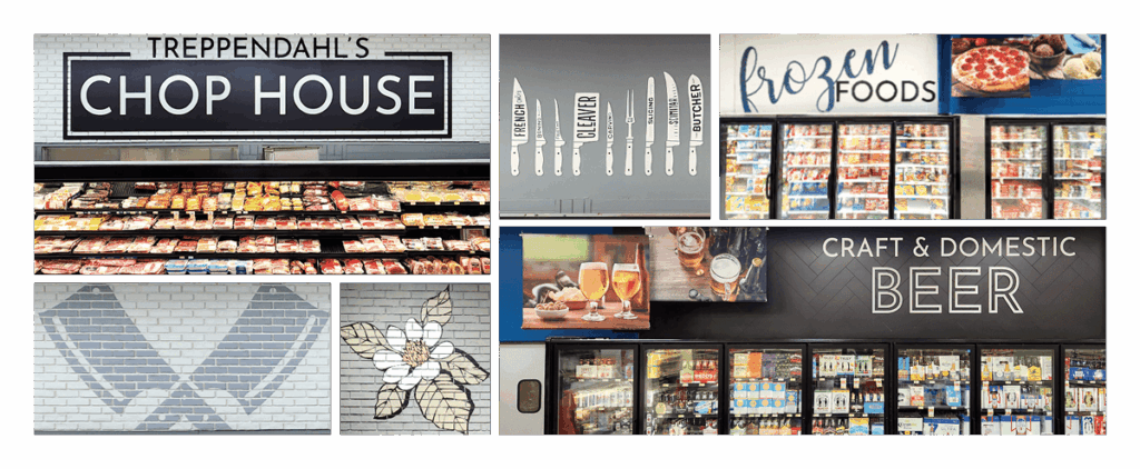 A collage of grocery store signage, featuring chop house, frozen foods, beer sections, and stylish Retail Decor wall art.