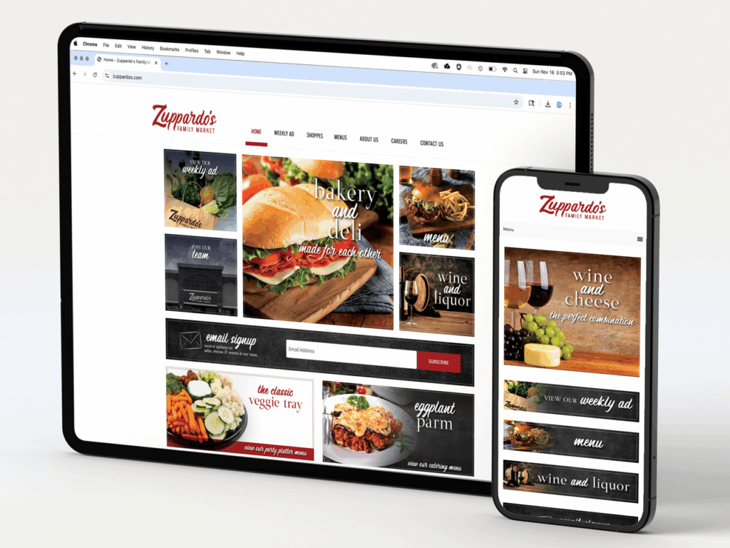 A tablet and a smartphone display the Zuppardo’s supermarket website homepage with images of food and menu categories.