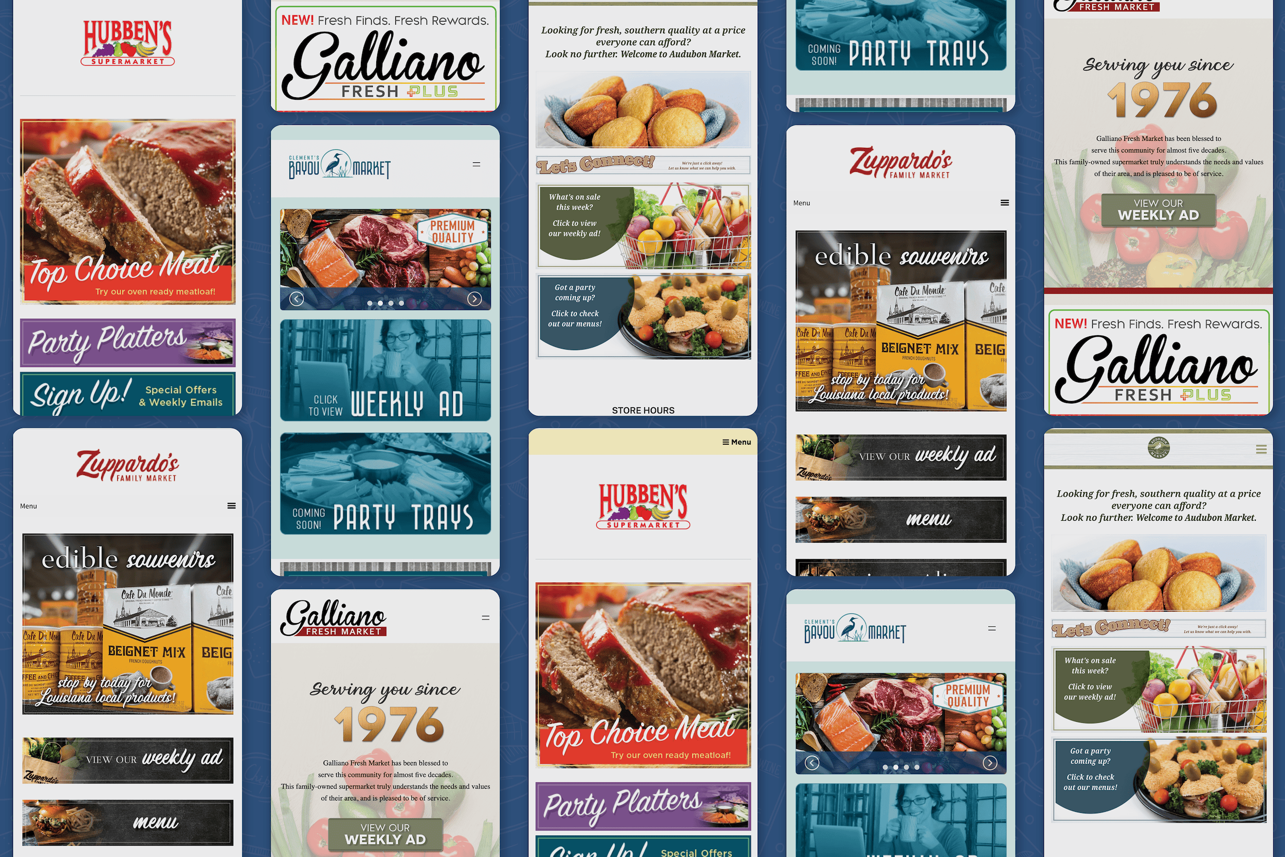 A collage of various restaurant advertisements featuring food images, logos, and text promoting meals, platters, and special offers.