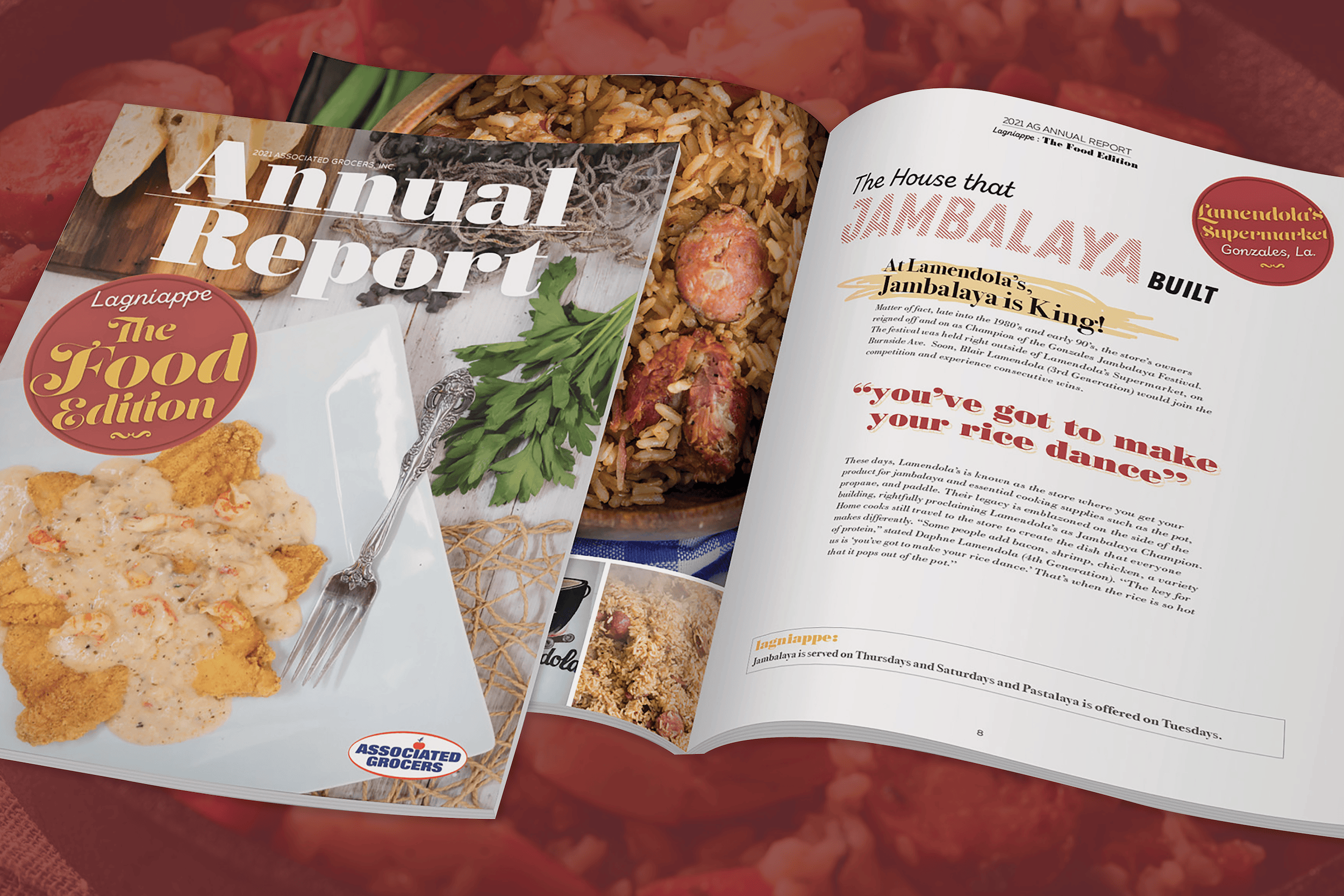 An open annual report magazine shows an article about jambalaya and a cover featuring fried fish with rice and sauce.