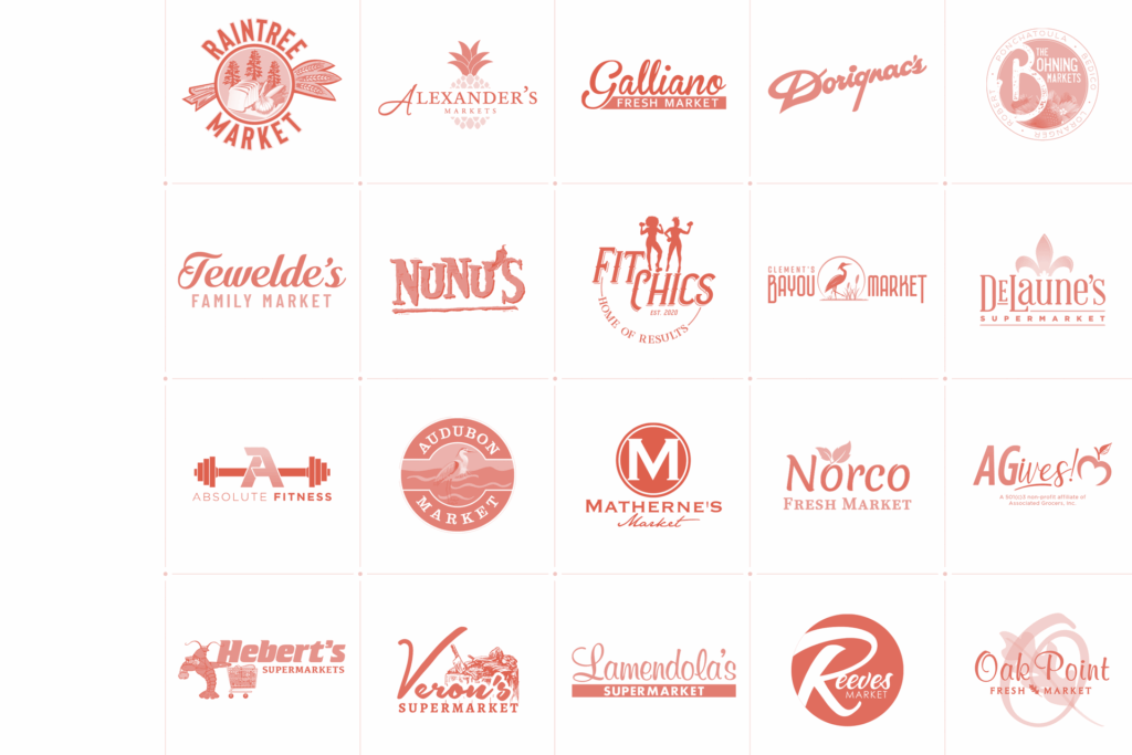 A grid of 20 different grocery store or market logos, each in a red or pink monochrome style, on a white background.